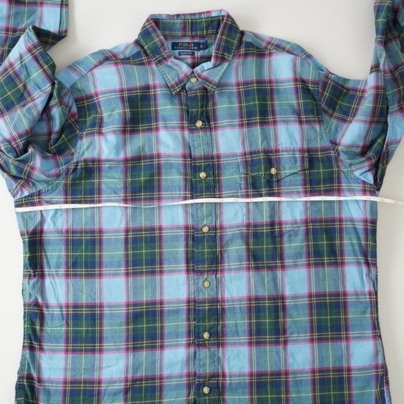 Polo Ralph Lauren Whitfield Elbow Patch Shirt Classic Fit Plaid Blue Men Sz XL - Picture 13 of 14